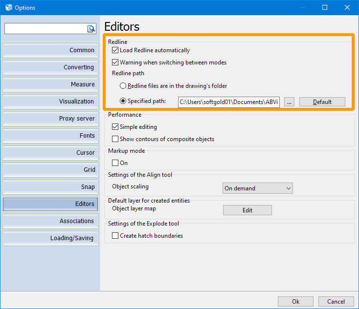 Settings of the Redline mode