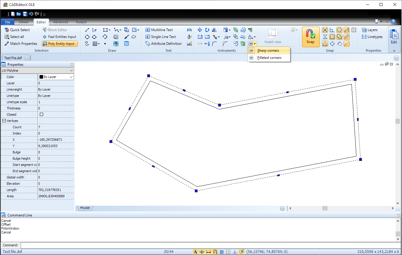 Versatz-Werkzeug in CADEditorX 16