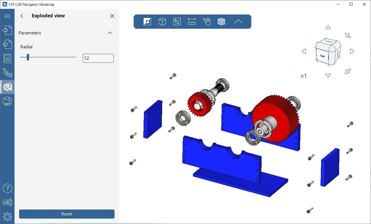 Explosionsansicht eines 3D-Modells in CST CAD Navigator